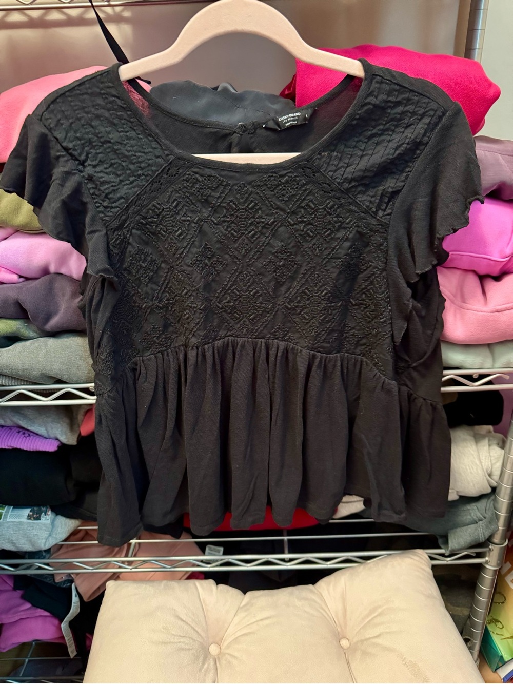 Black Embroidered Peplum Short-Sleeve Top - Women Large Lucky Brand